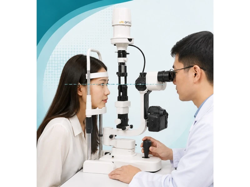 Bệnh nhân sử dụng sinh hiển vi khám mắt đúng tư thế