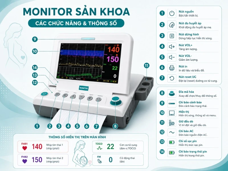 Monitor sản khoa hỗ trợ theo dõi tim thai và cơn co tử cung