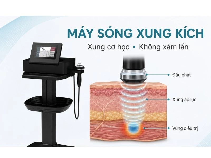 Máy sóng xung kích truyền xung áp lực cơ học qua bề mặt da